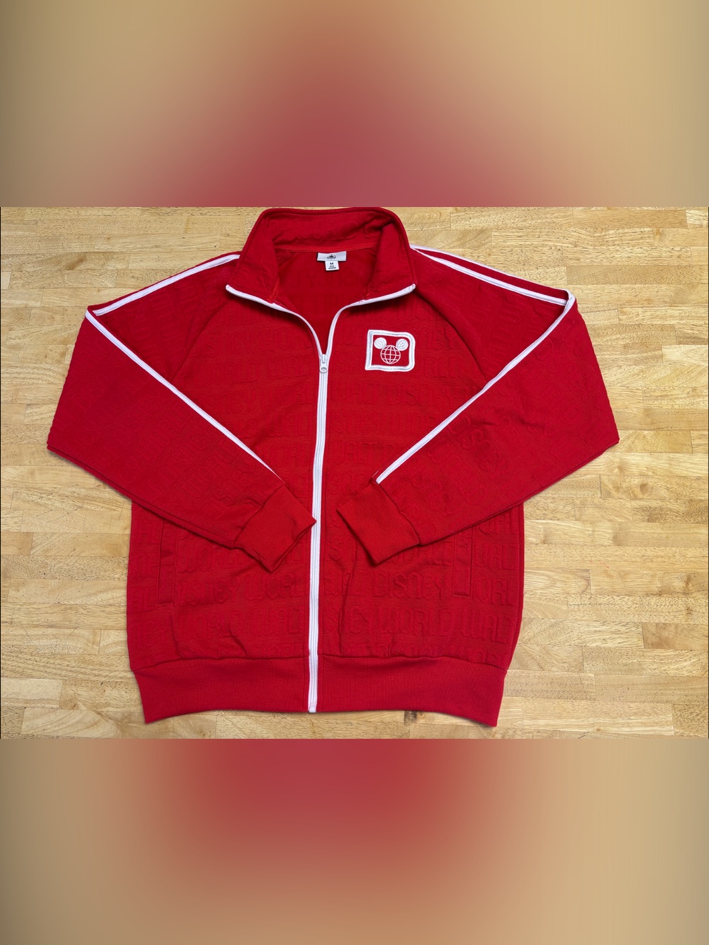 Walt Disney World Red Full Zip Track Jacket Embossed Logo Mickey Globe M
